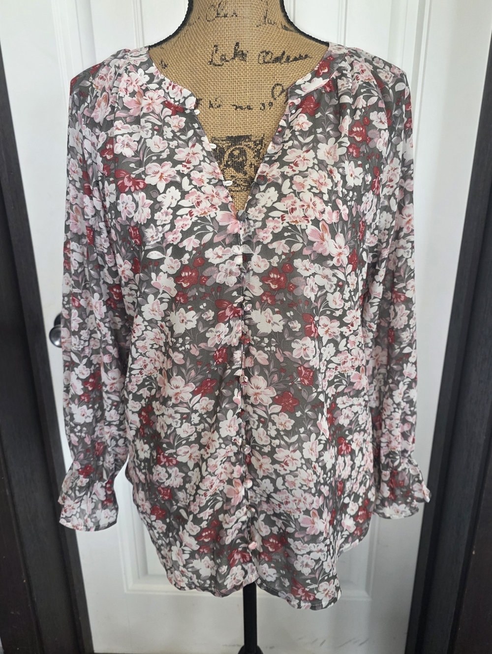Floral V-Neck Long Sleeve Blouse - Pink & Gray M